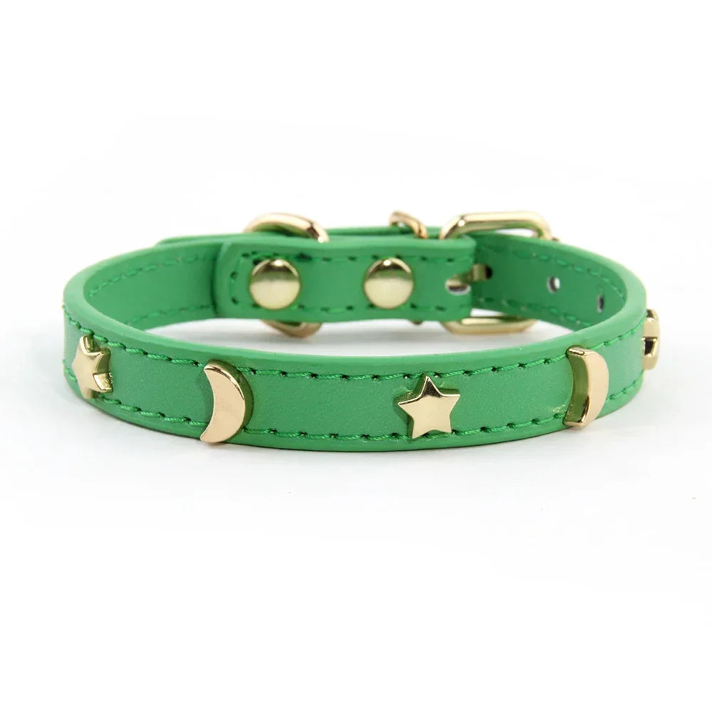 Soft Leather Cat Collar Star Moon Rivets Kitten Puppy XS-M