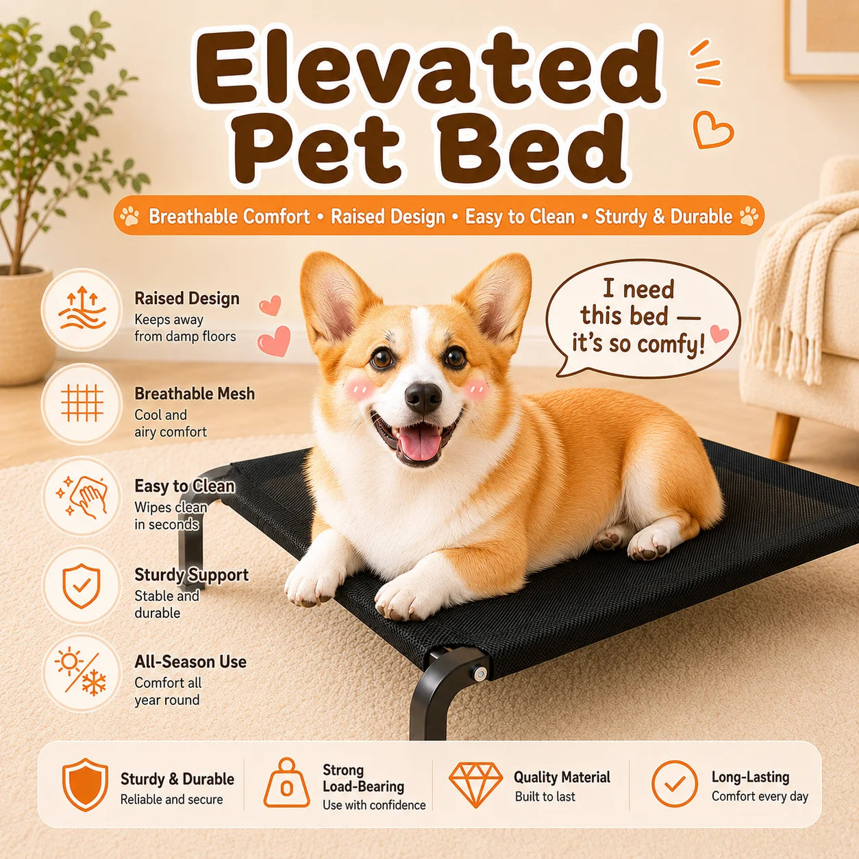 Washable Elevated Breathable Mesh Dog Bed for All Sizes