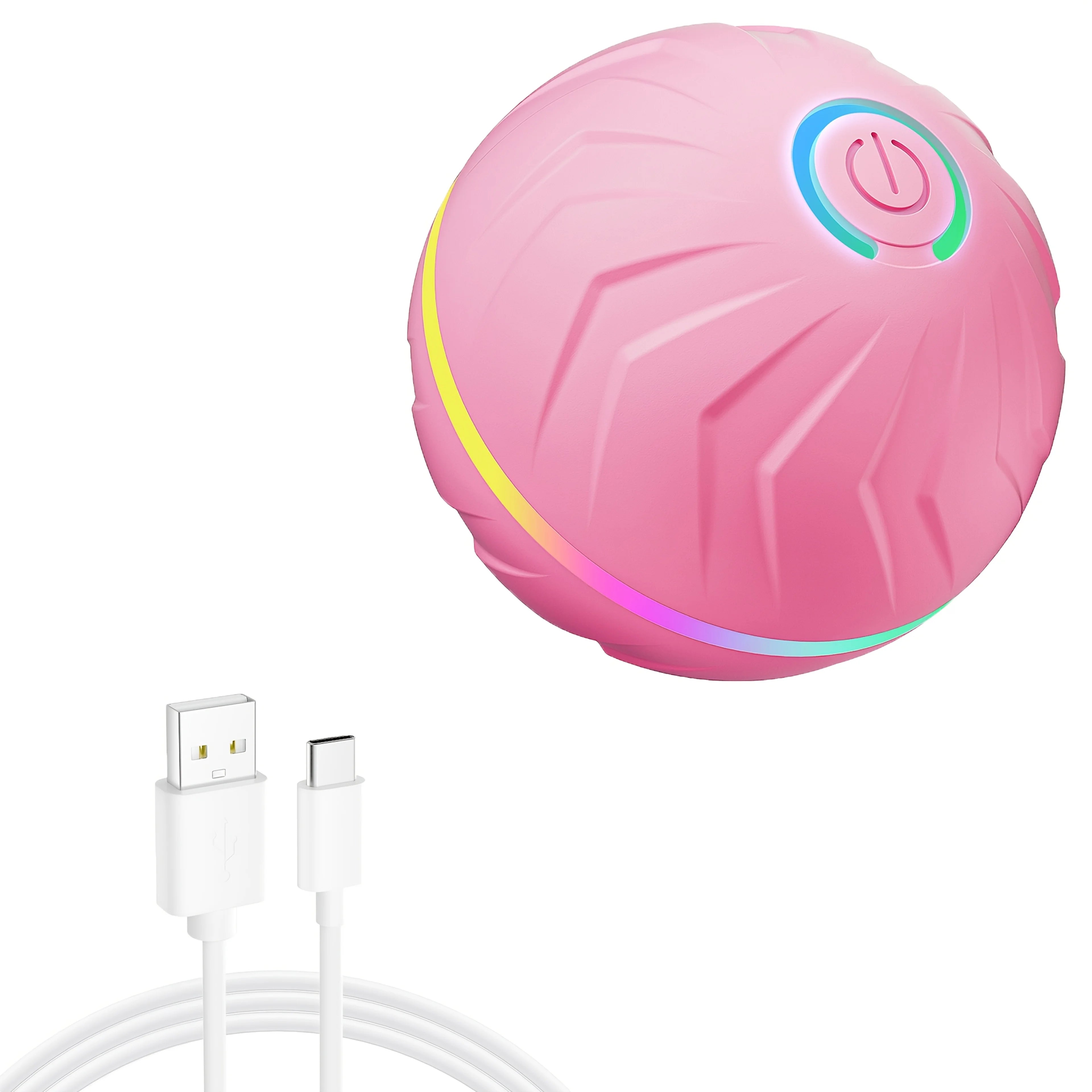 Pink interactive smart pet ball with multicolor LED ring and power button, with charging cable