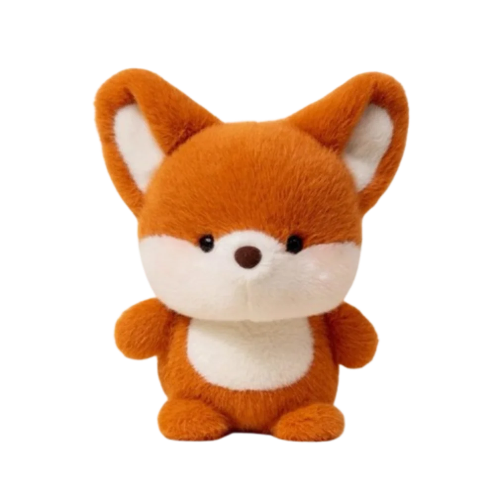 Plush fox animal toy, orange fur with white muzzle, upright ears and stitched eyes