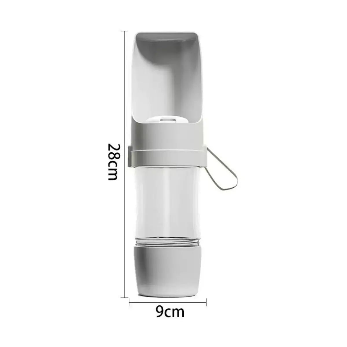 Gray pet water and food bottle with flip spout and size measurements