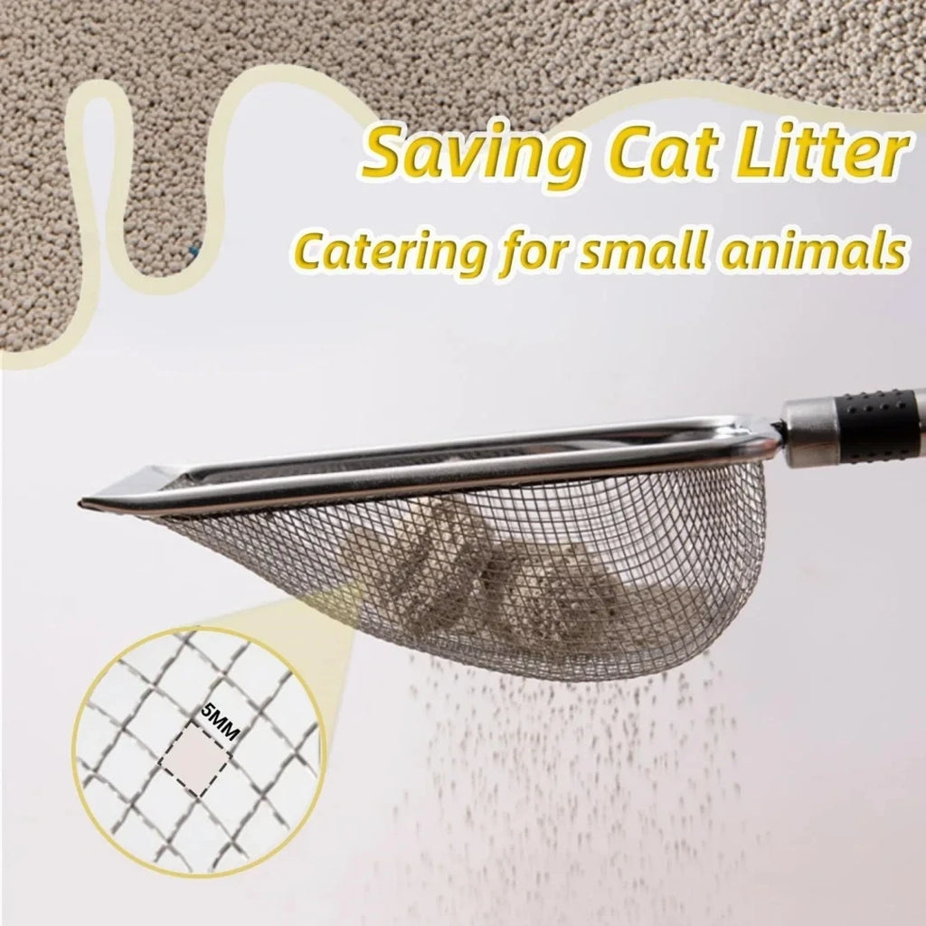 Stainless steel cat litter scoop with mesh screen and black grip handle