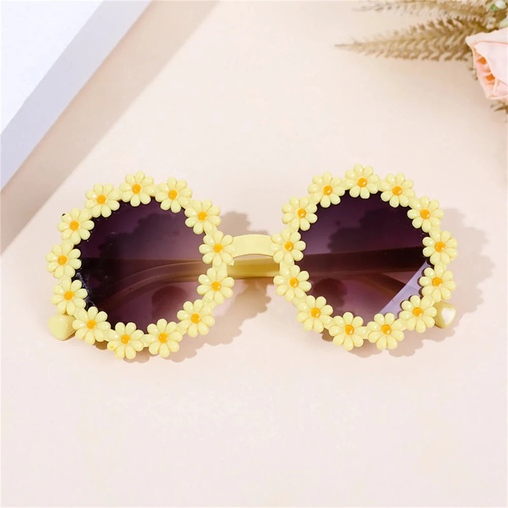 Round flower sunglasses for pets, yellow frames with yellow daisy flower trim