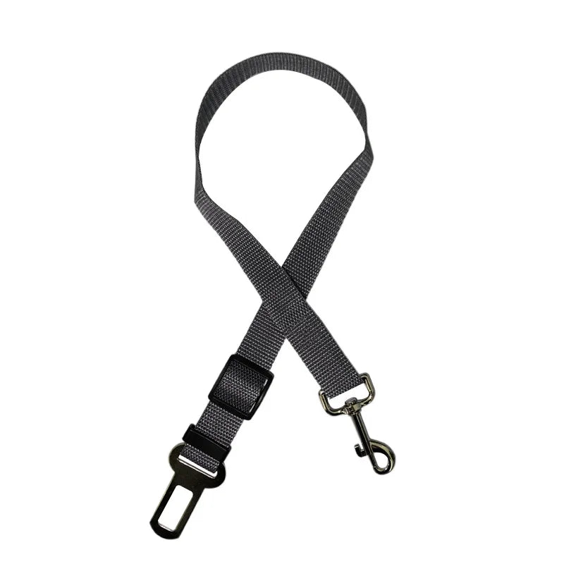 Adjustable pet car safety harness clip belt, dark gray strap with buckle and metal hook.