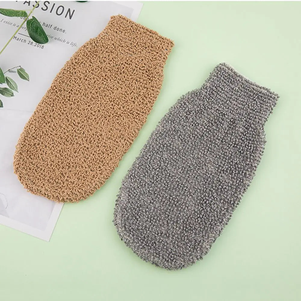Pair of exfoliating bath scrub mitts in tan and gray, coarse looped fabric.