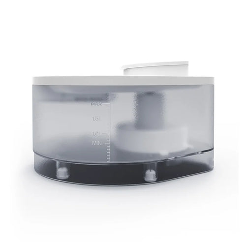 White and gray pet water fountain with see-through reservoir and water level marks