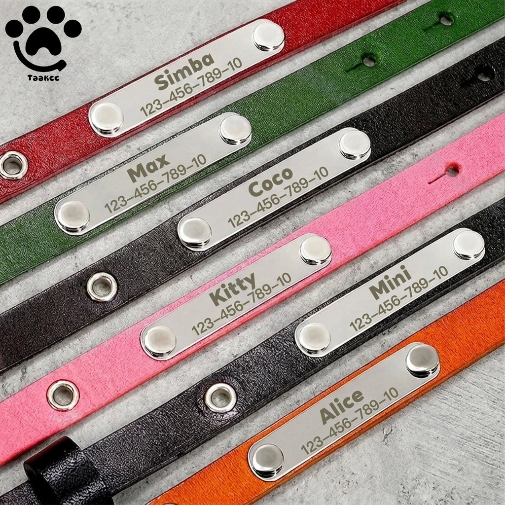 Leather cat collars with metal name plates and snap studs in multiple colors