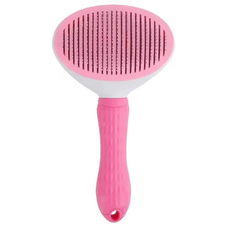 Pink pet hair removal comb brush with stainless-style pins on oval head