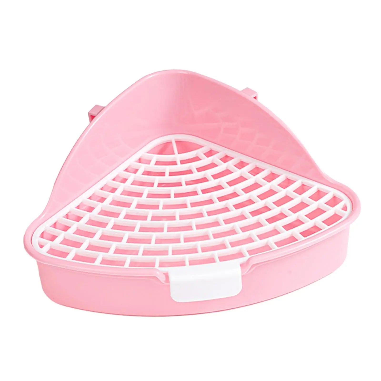 Pink small animal litter pan with white raised mesh grid and front scoop handle
