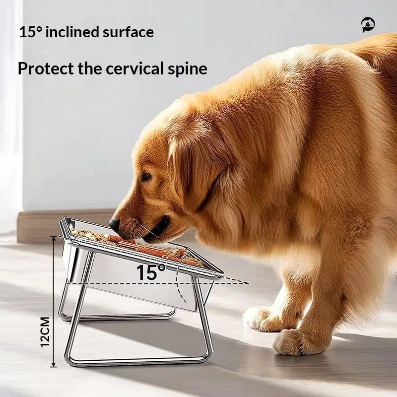 Large Tilted Stainless Steel Dog Bowl with Neck Guard