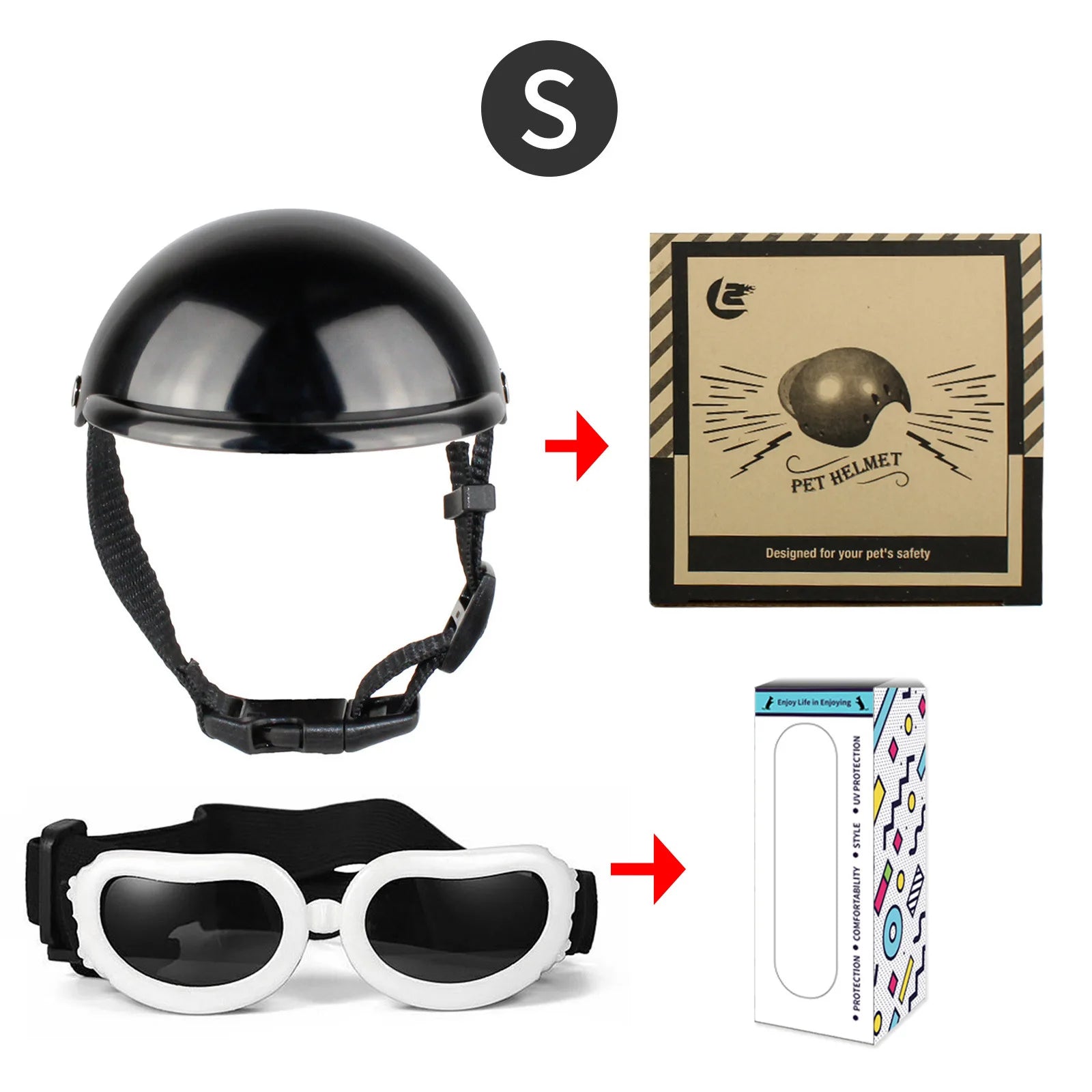 Small pet motorcycle helmet goggles set, black helmet with white sunglasses