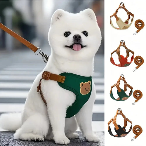 Breathable dog harness and leash set on white dog, green vest with bear patch and leash
