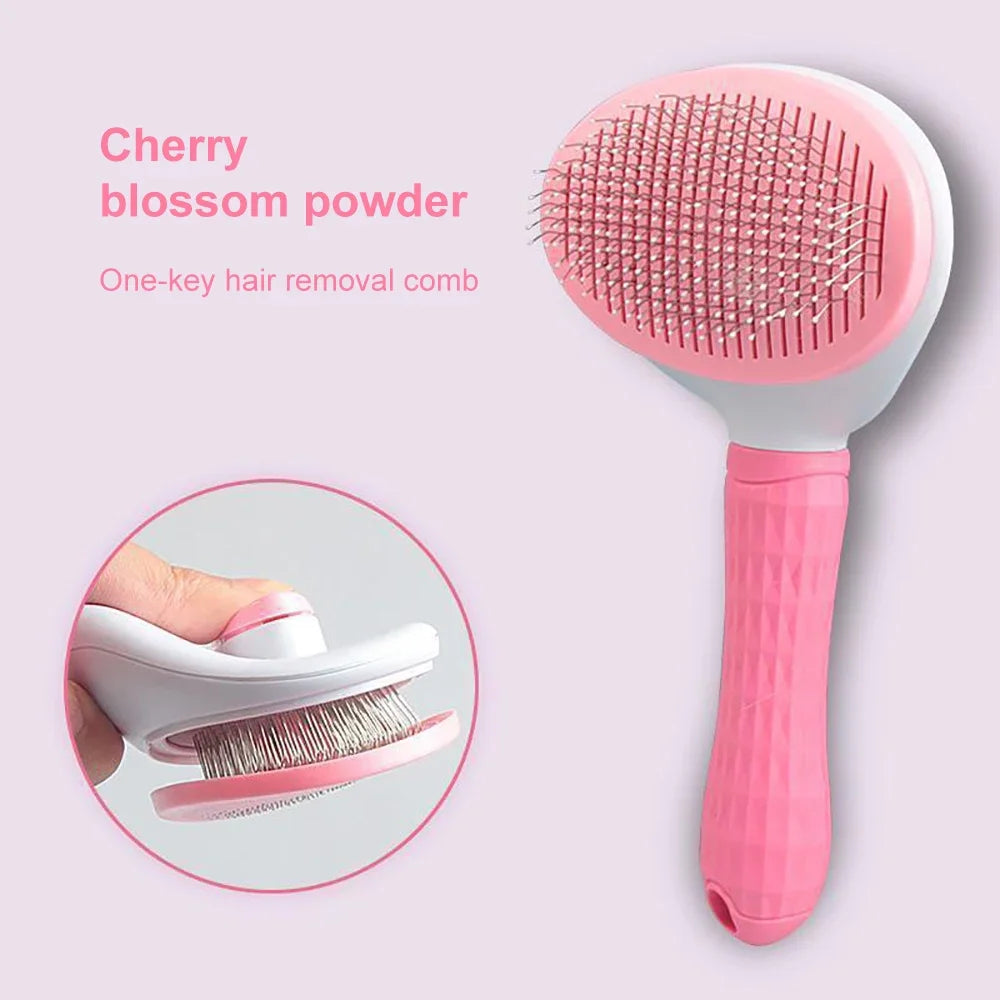 Pink pet grooming comb brush with one-key hair removal and rubber teeth