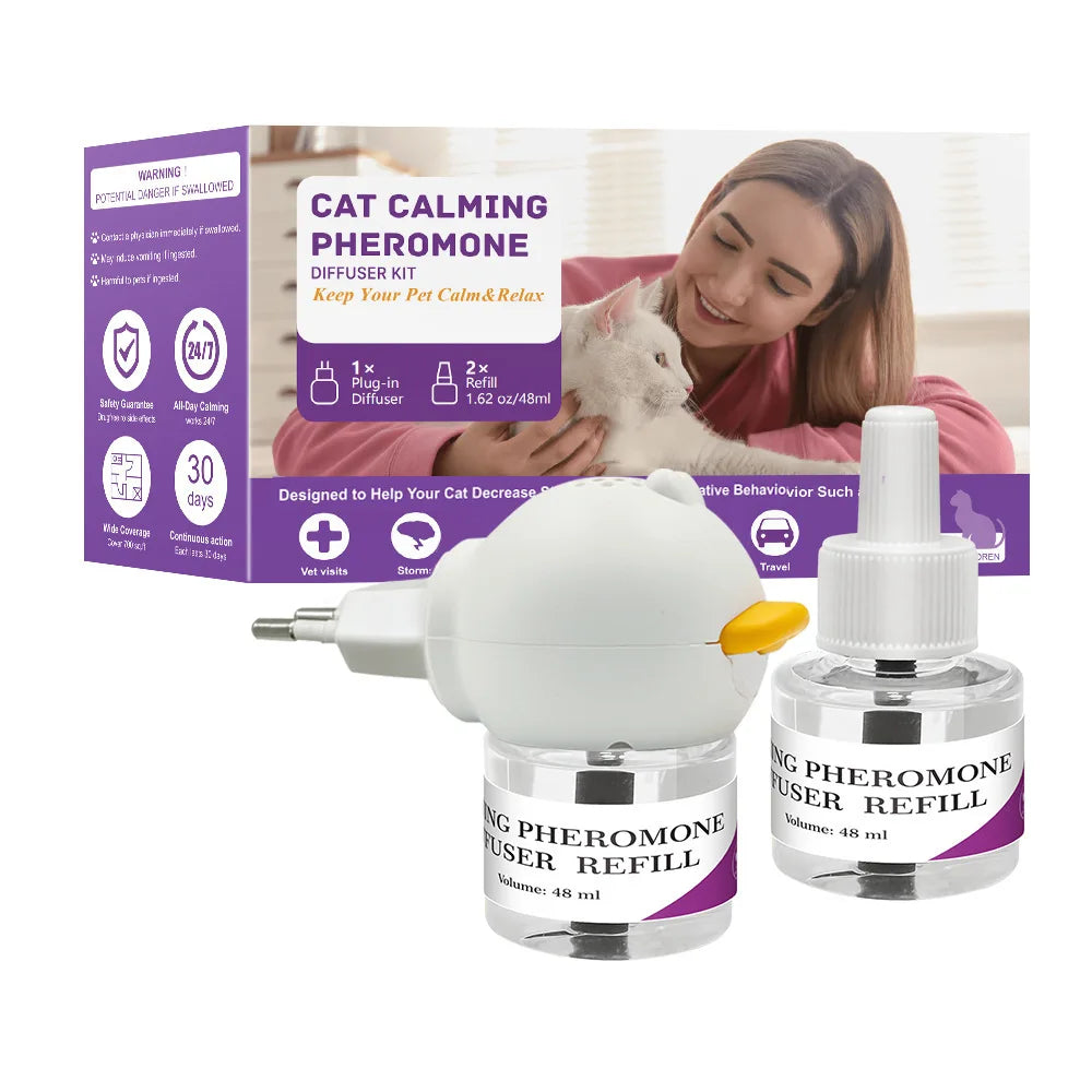 Cat calming pheromone diffuser kit with white plug-in device and two refill bottles