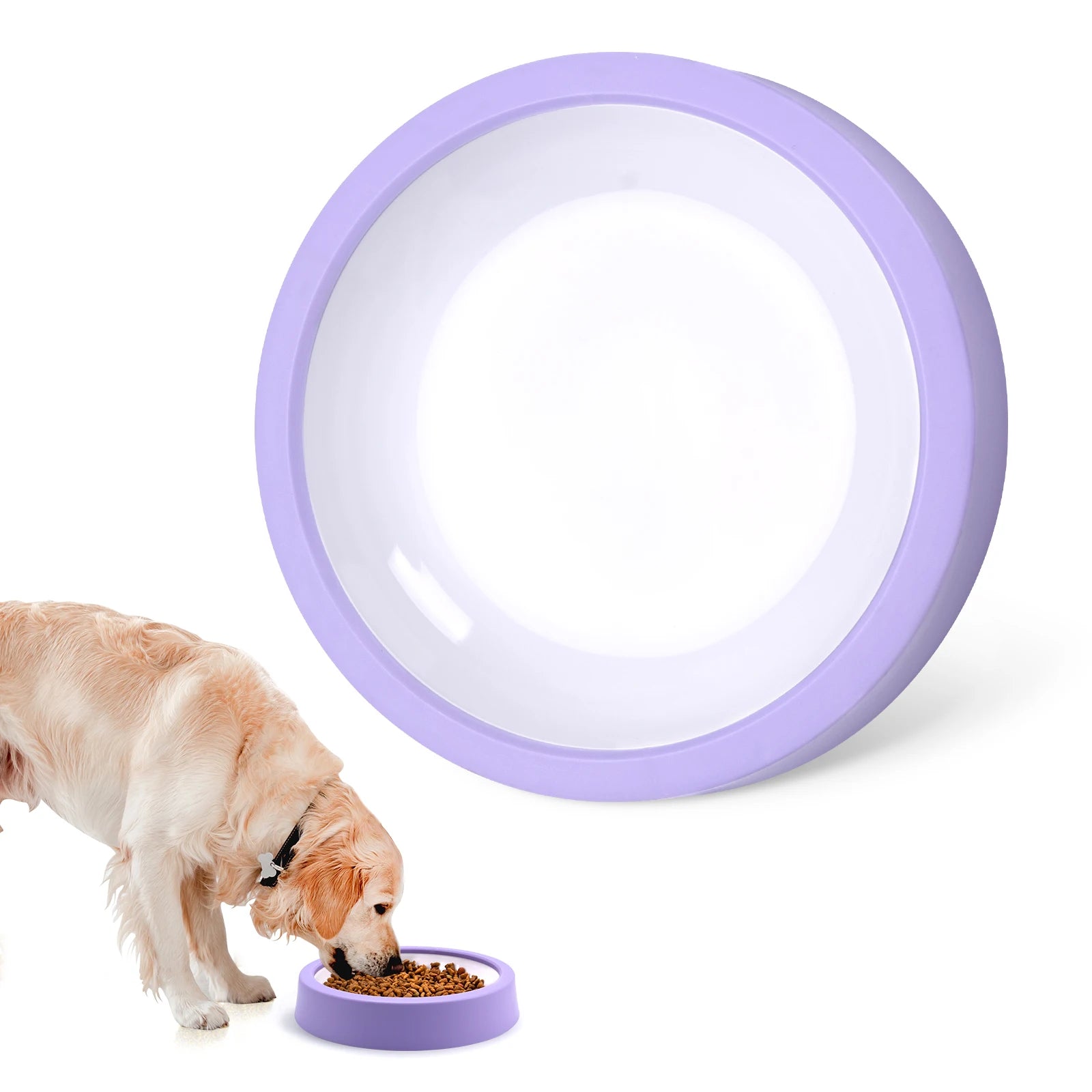Purple slow feeder dog bowl with maze pattern, shown with dry kibble