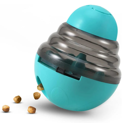 Teal interactive treat dispensing ball with clear center and small side opening