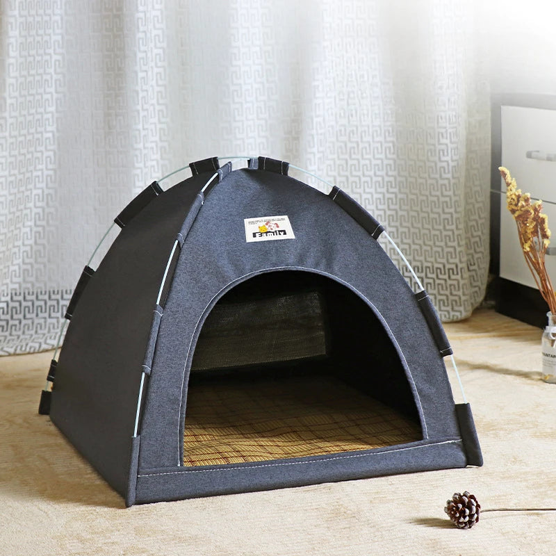 Dark grey cat tent house nest with open front and fabric floor panel