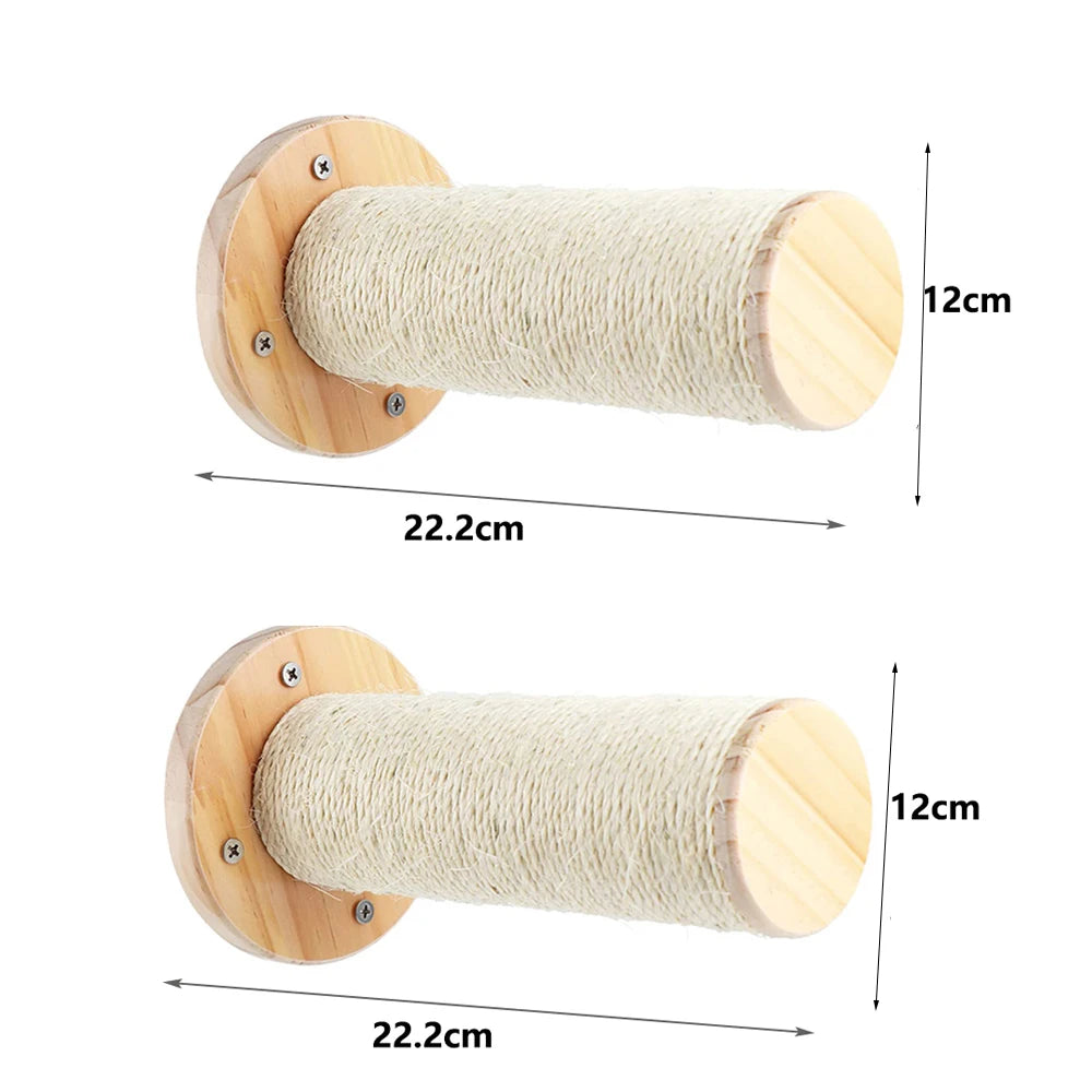 Wall-mounted cat scratching post perch with rope-wrapped cylinder and round wood base