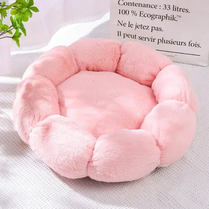 Light pink flower-shaped plush dog mat bed with padded inner cushion