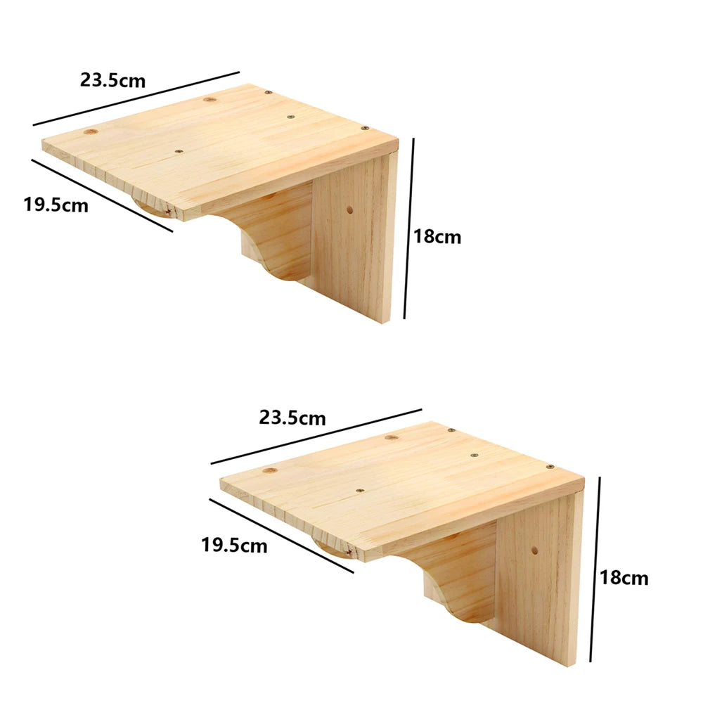 Wall-mounted cat shelf bed with light wood platform and dark gray cushion