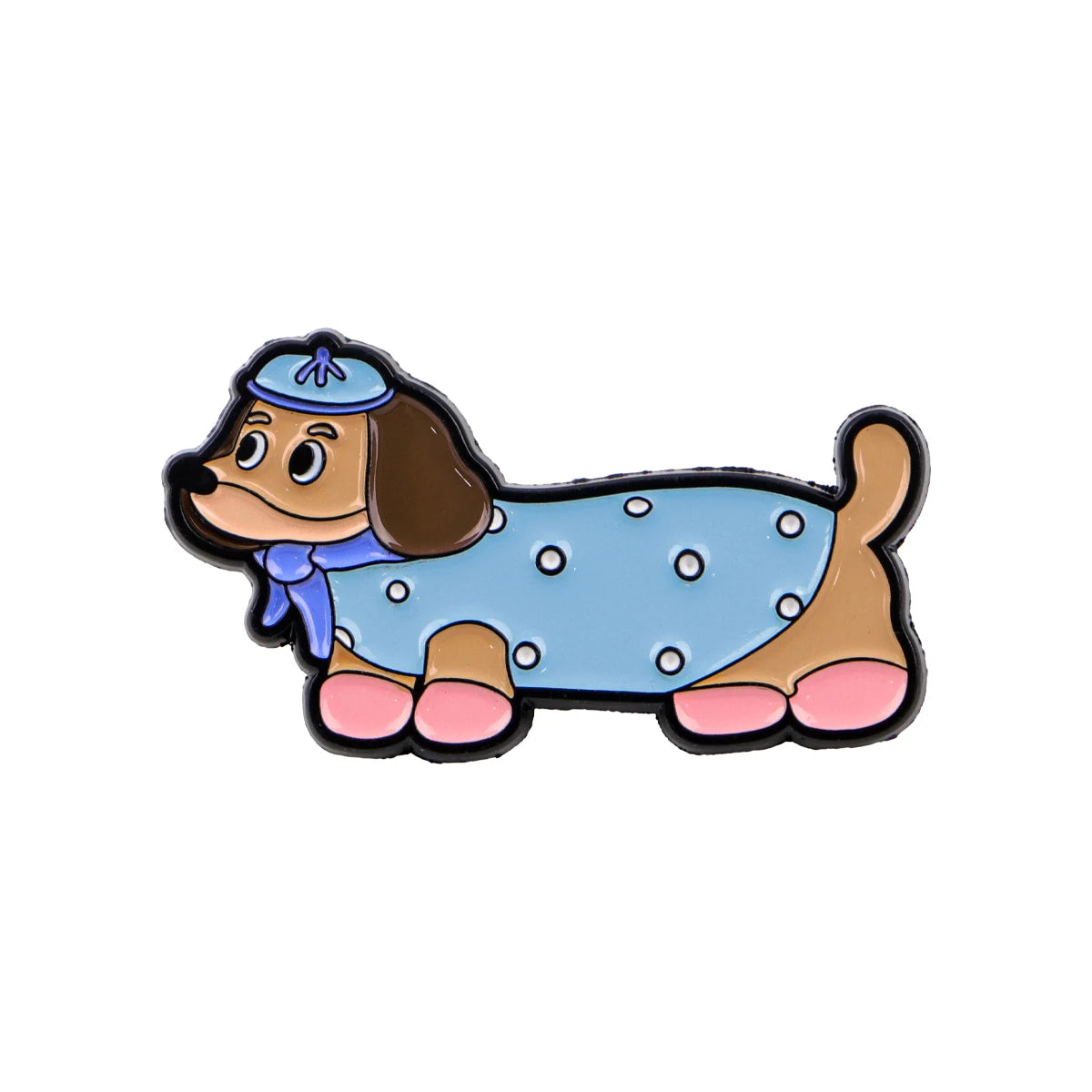 Playful cats & dogs enamel lapel pin of a blue-and-white dog wearing a light-blue cap