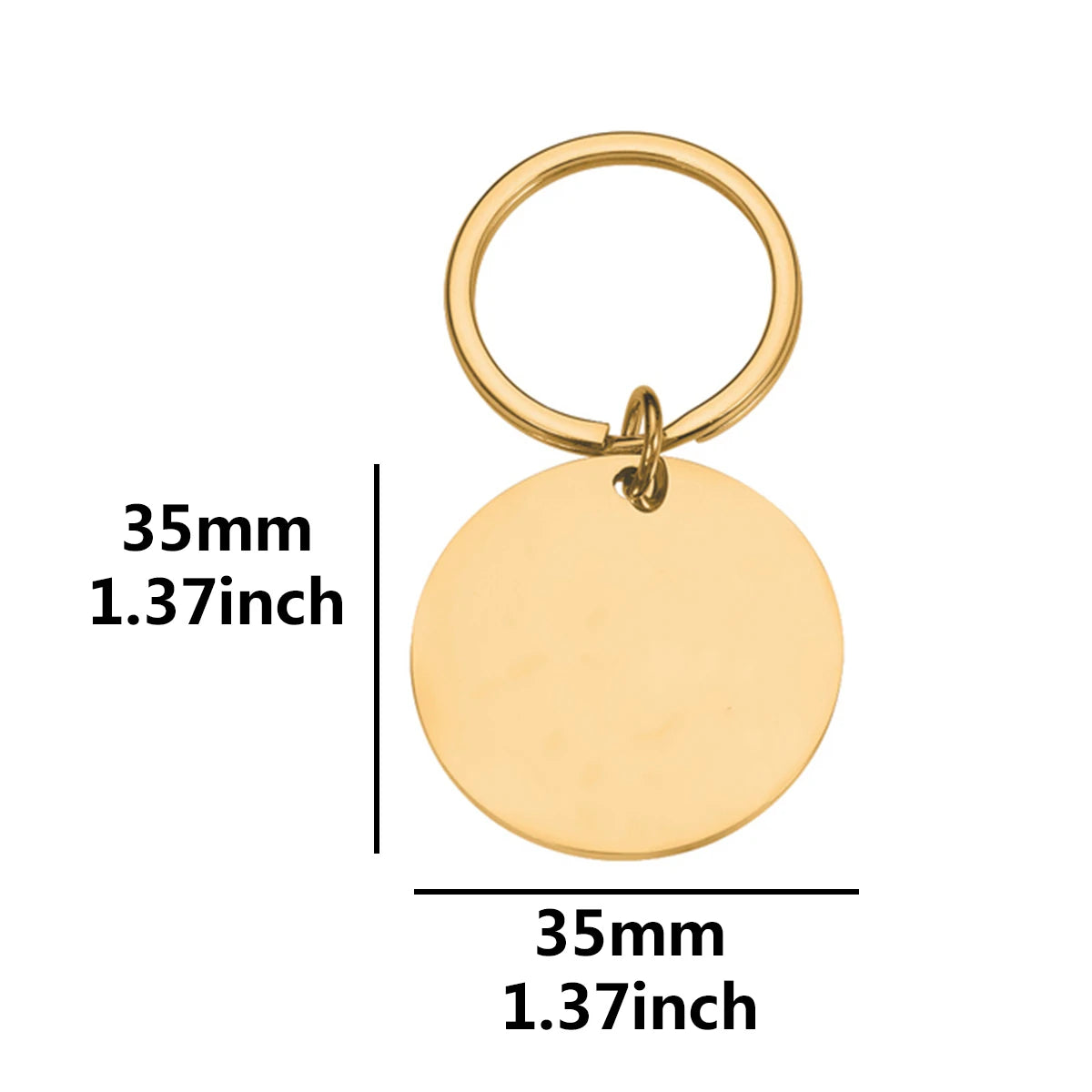 Gold round pet ID tag size 35mm, blank surface, with keyring