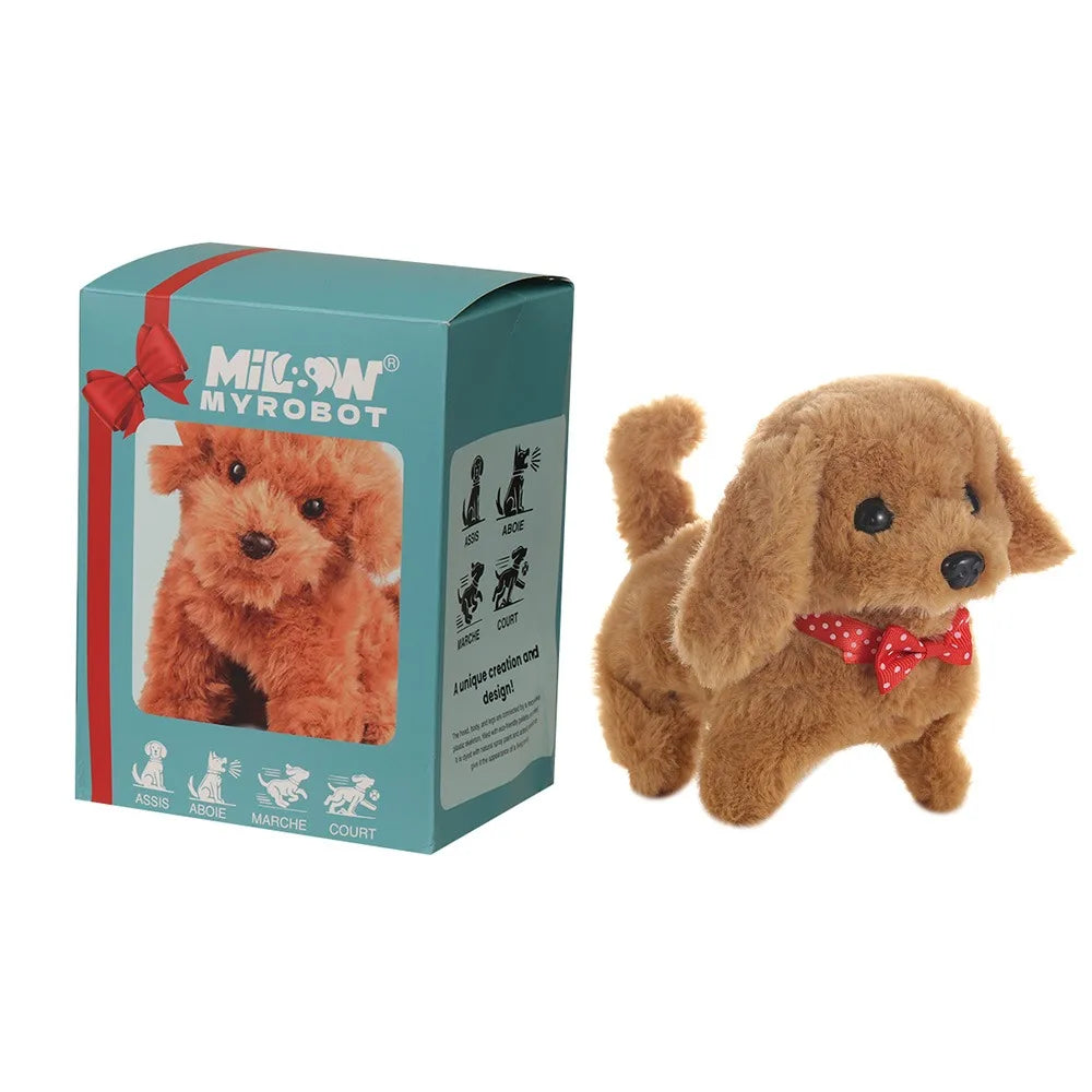 Brown robot puppy plush with red bow, teal MIKROW MYROBOT box beside it
