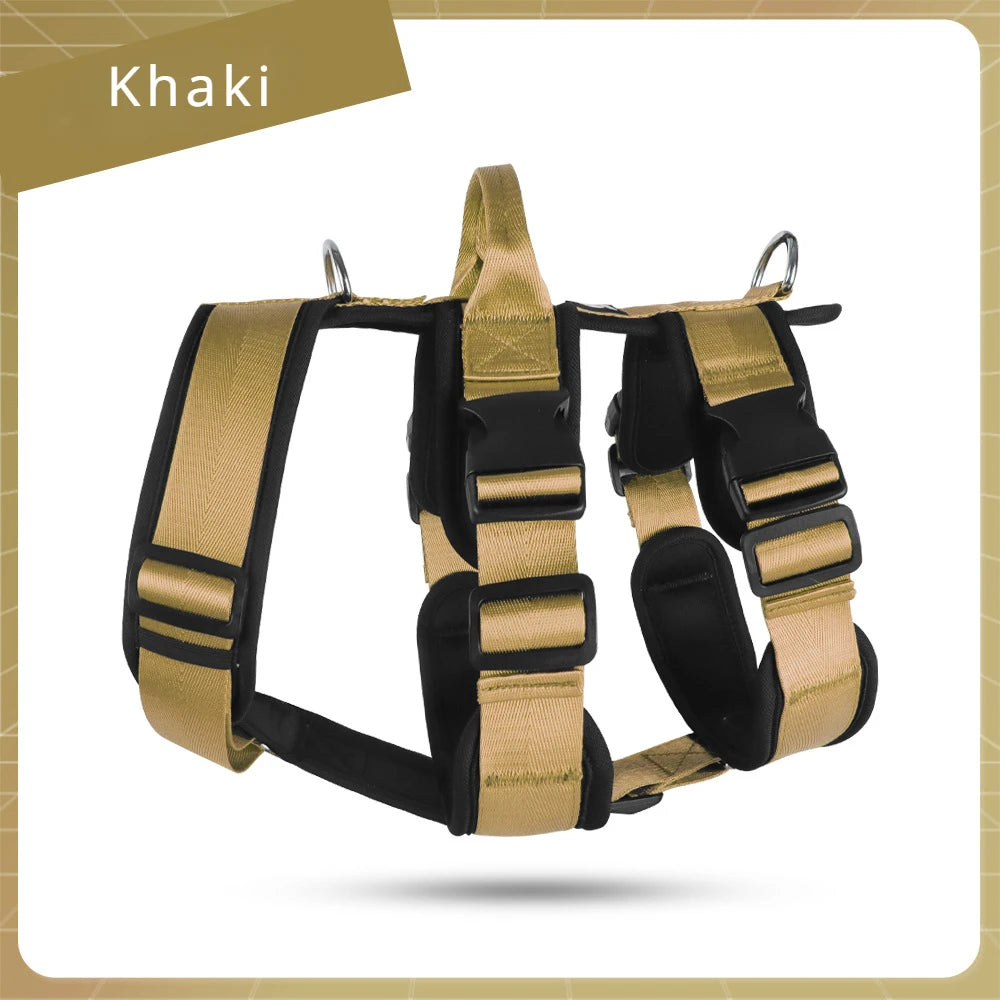 Reflective no-pull dog harness vest in khaki with padded chest and adjustable straps