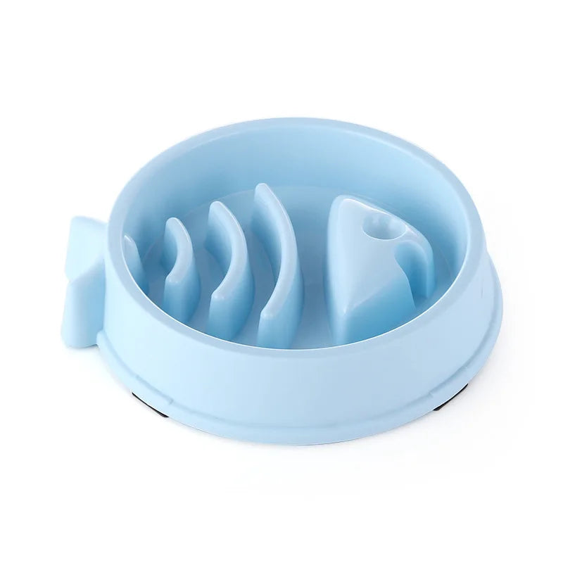 Light blue slow feeder pet bowl with raised maze sections and paw-shaped dividers