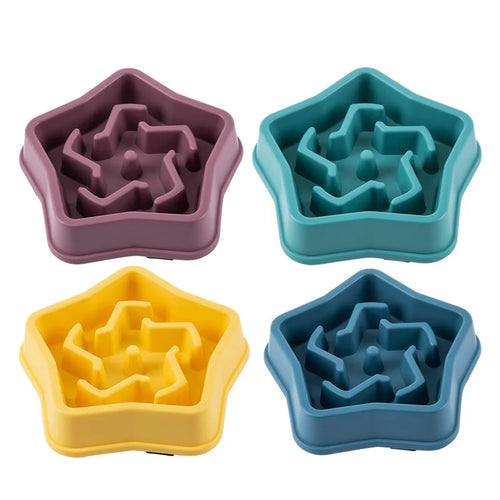 Set of slow feeder pet bowls in multiple colors with raised maze sections