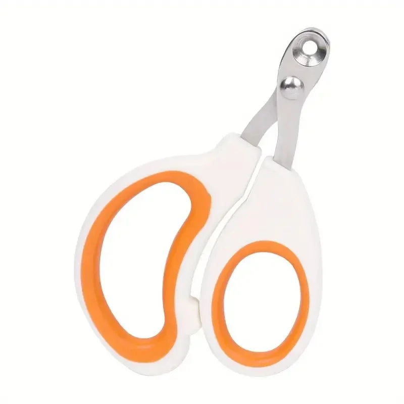 Pet nail clipper with black handle and purple loop grips, stainless steel blades