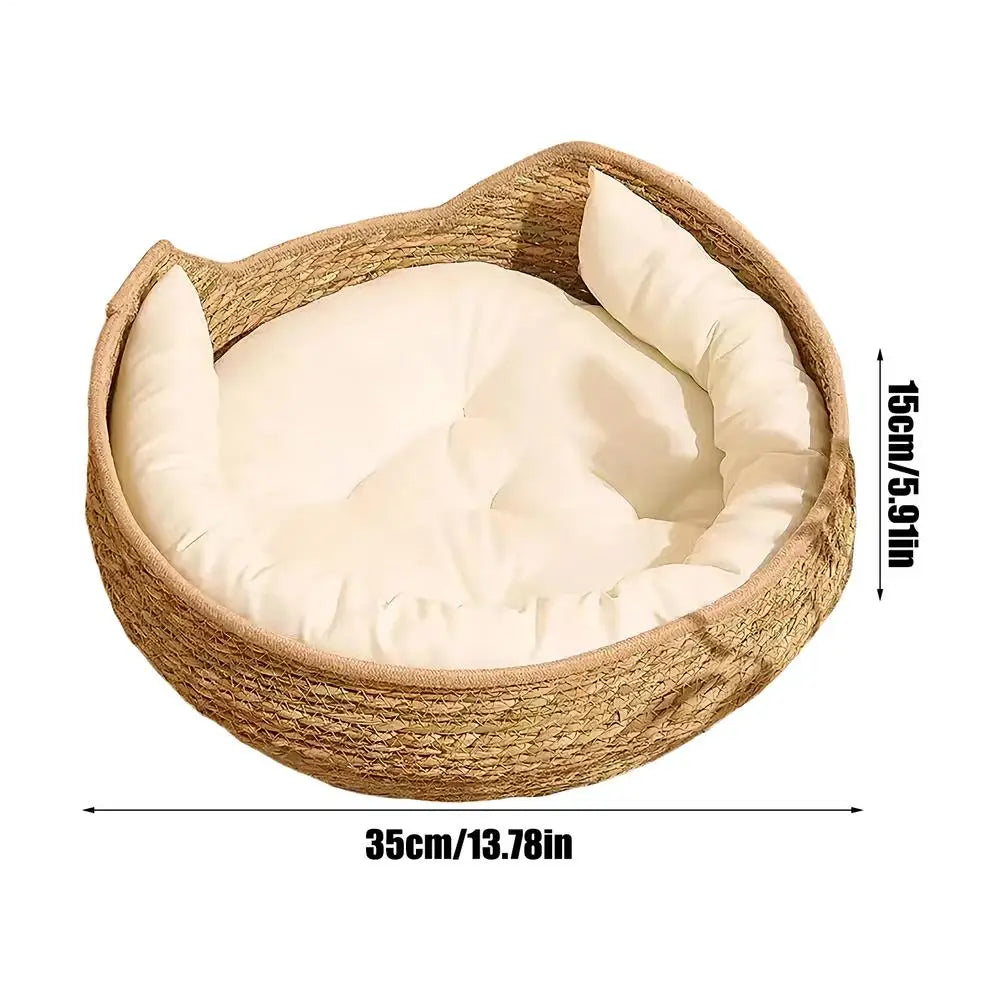 Round woven rope cat bed with white padded cushion, front view