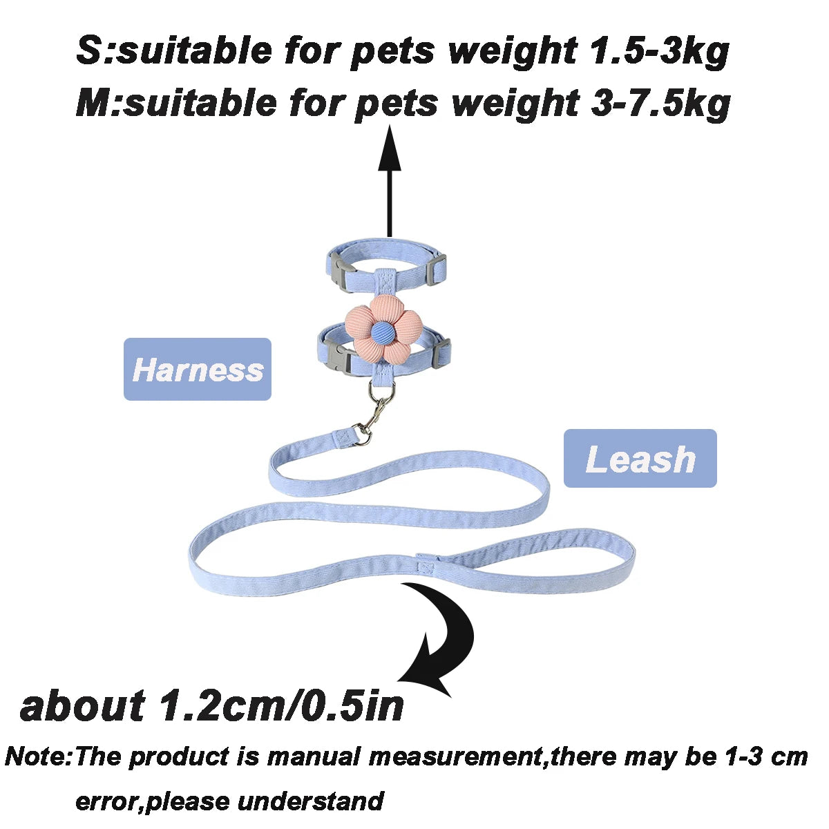 Cat harness and leash set with light blue harness band and matching leash