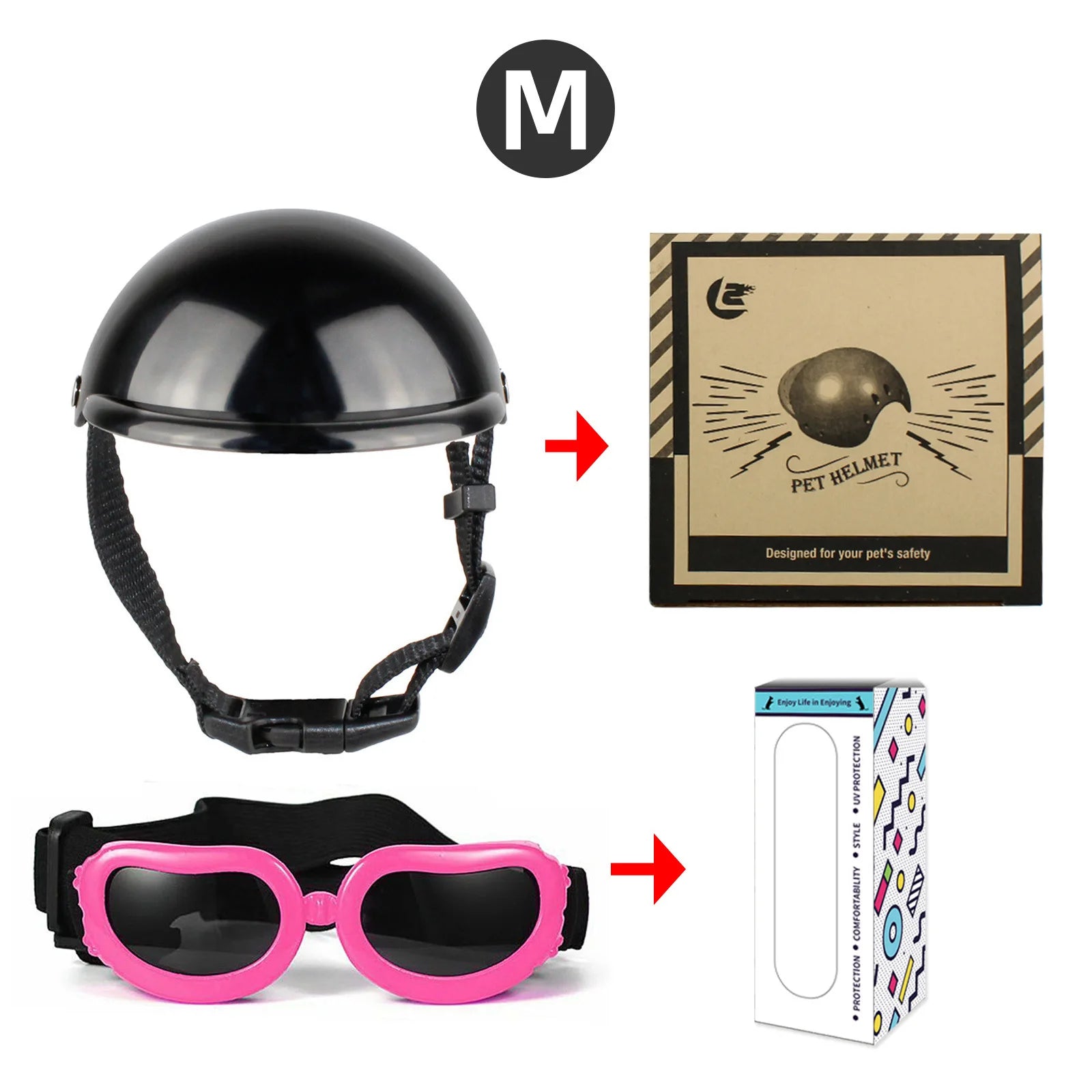 Pet motorcycle helmet goggles set: black helmet, pink goggles, size M