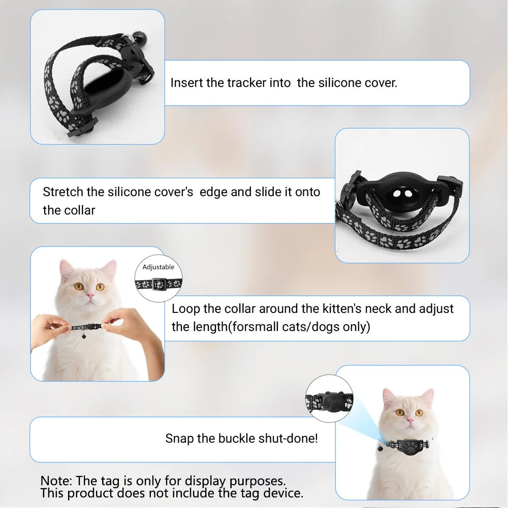 Reflective Cat Collar AirTag Holder Bell Adjustable Domestic