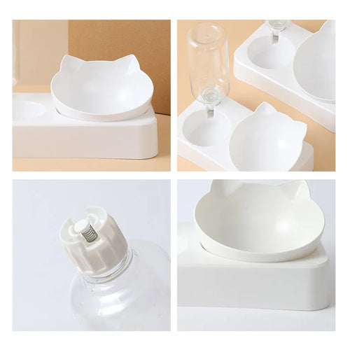 White 2-in-1 pet dispenser bowl with water bottle attachment and two-compartment base