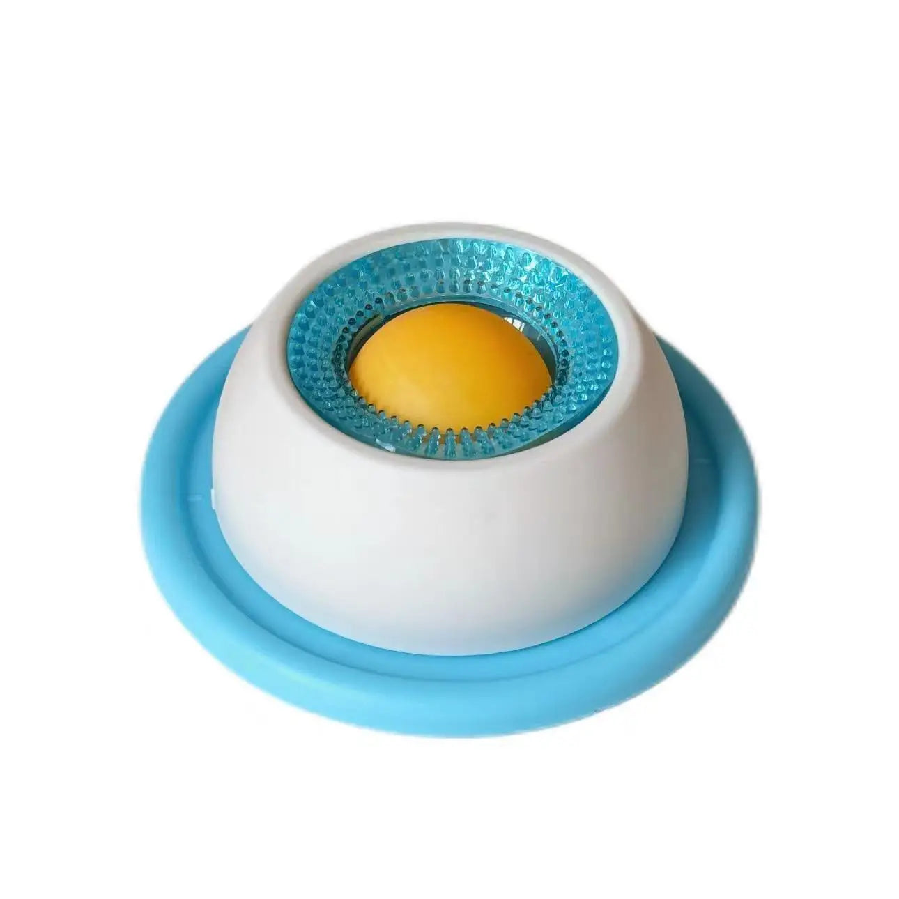 Blue slow feeder licking bowl with textured rim and yellow center ball