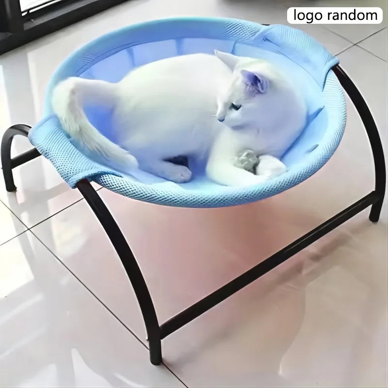 Cat hammock bed with light blue mesh hammock and black metal stand, cat resting