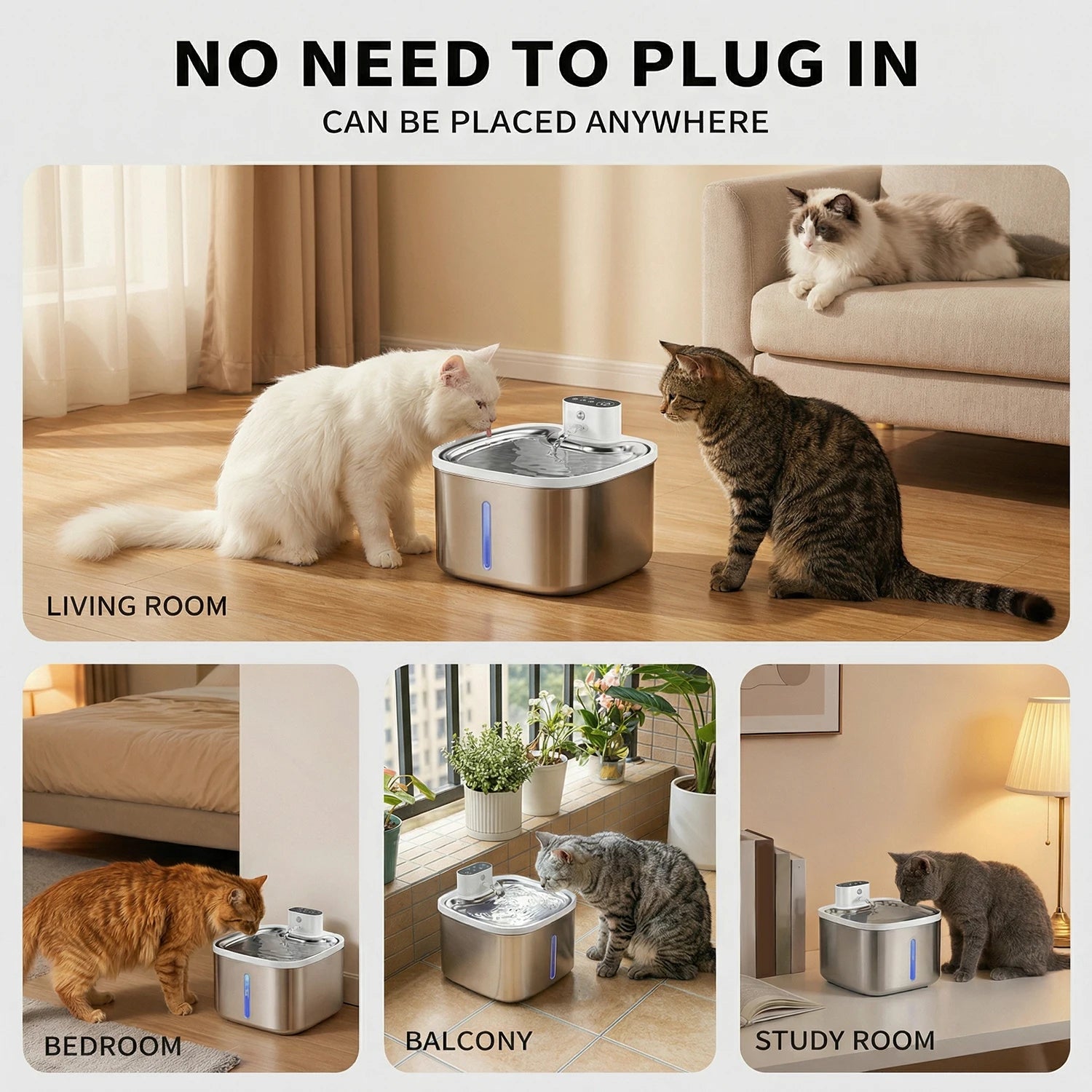 3.5L Wireless Cat Water Fountain 4000mAh Rechargeable Stainless Steel Tray Mute Pump