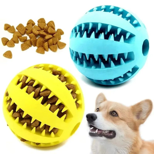Blue and yellow bite-resistant dog treat ball toy with jagged tooth-grinding ridges