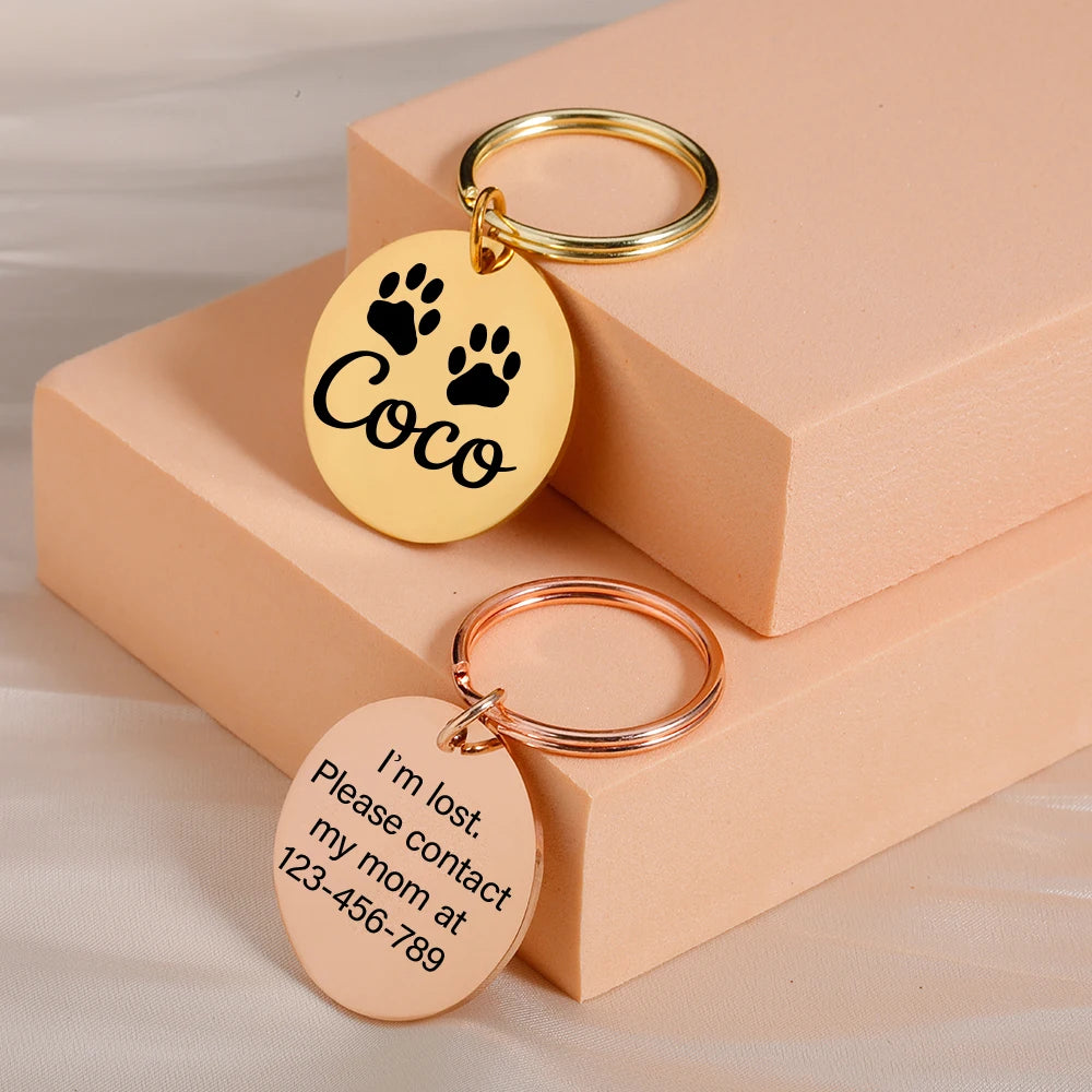 Gold round pet ID tag with paw-print design and name Coco on a keyring
