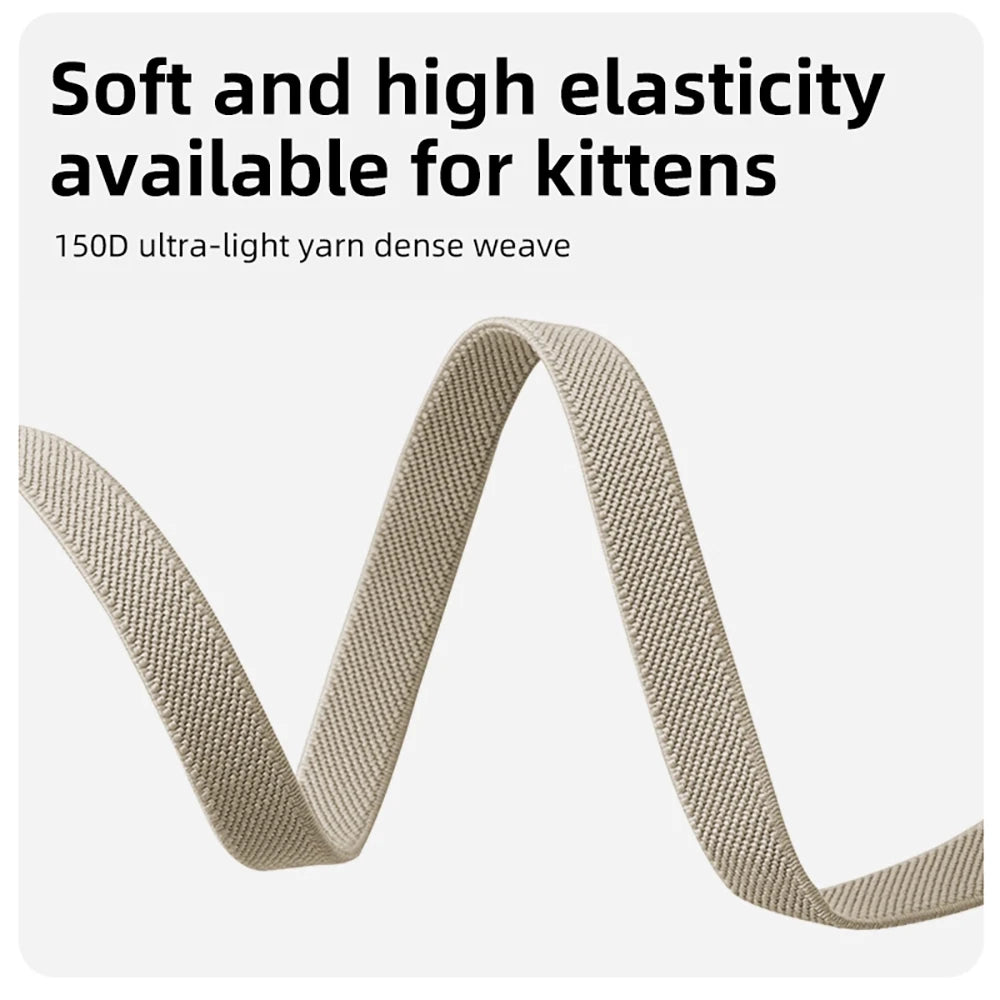 Beige elastic breakaway cat collar strap with round AirTag holder