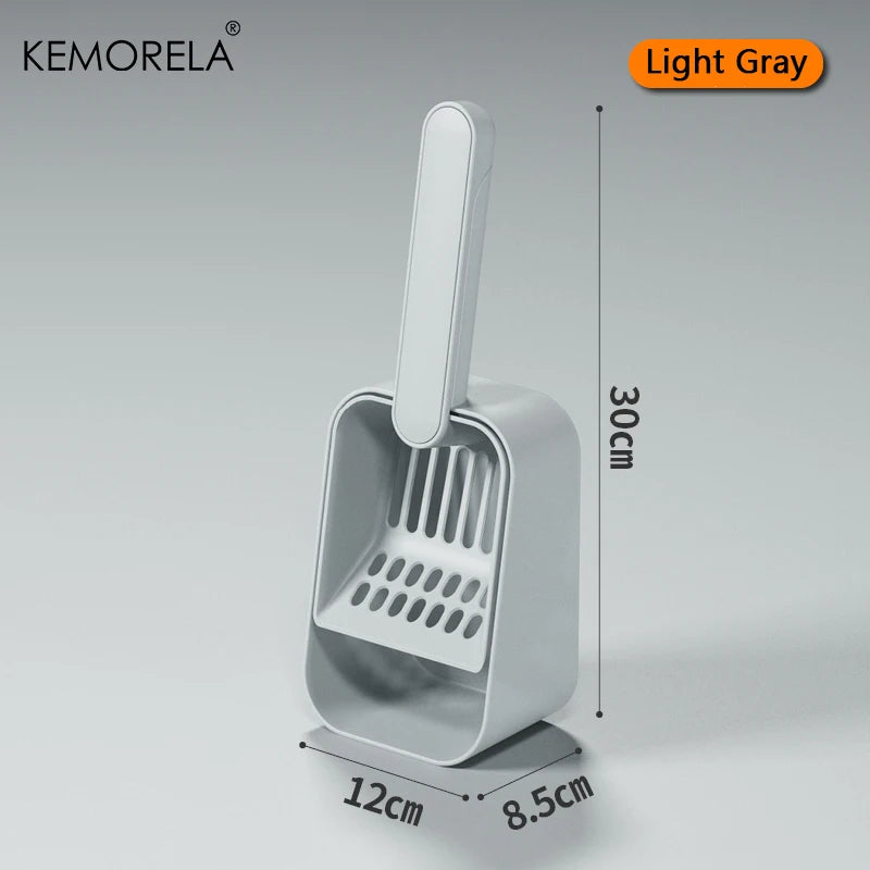 Light gray cat litter scoop with perforated shovel and base, upright handle (30 cm)