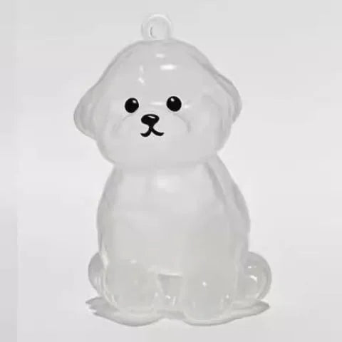 Transparent pet memorial keychain capsule, clear puppy figure with round ears and smile