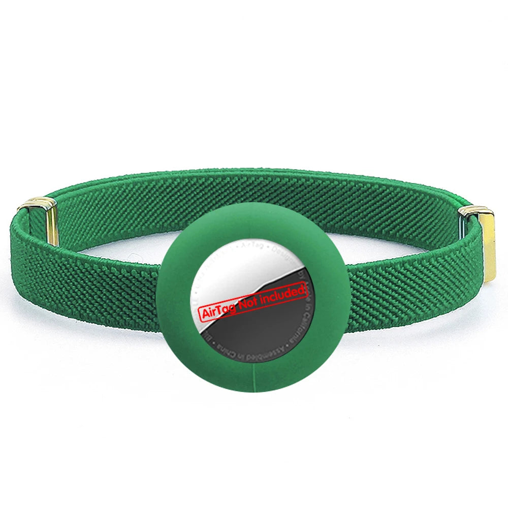 Green cat collar with AirTag holder, safety breakaway clasp and gold hardware.