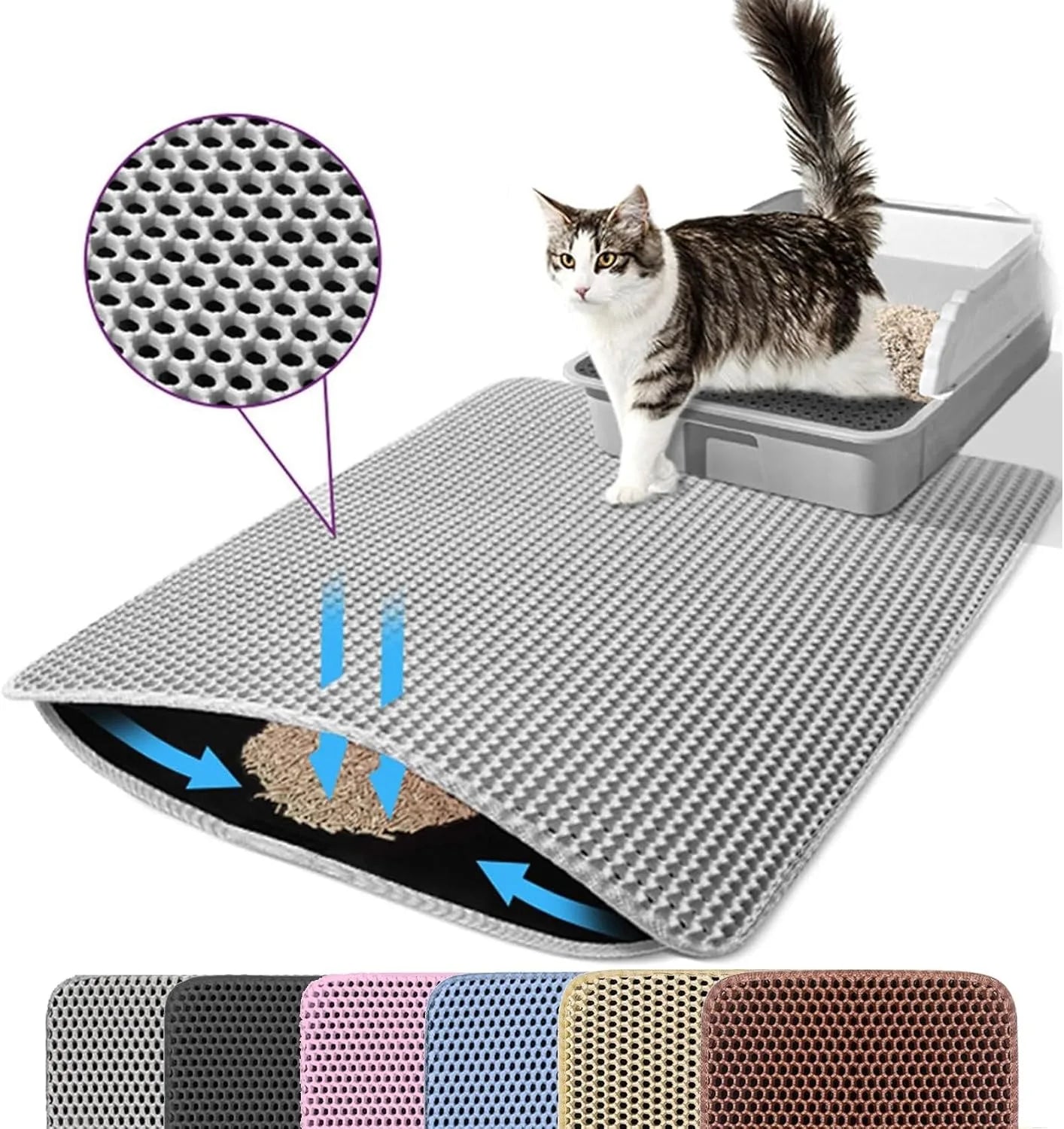 Gray double-layer cat litter mat with honeycomb texture and non-slip backing.