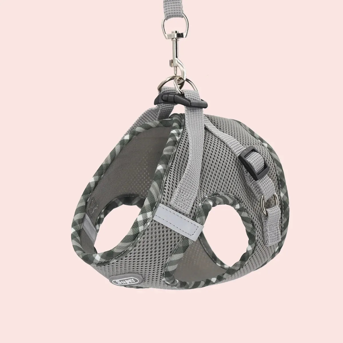 Gray plaid adjustable dog harness with leash attachment and metal clasp