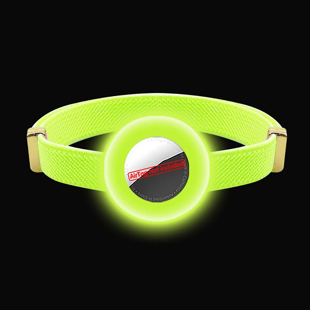 Fluorescent green safety cat collar with breakaway buckle and round AirTag holder