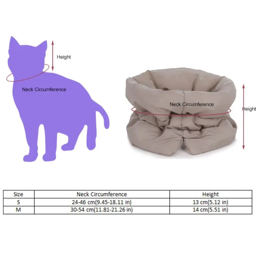 Cat recovery collar size chart showing neck circumference and height measurements
