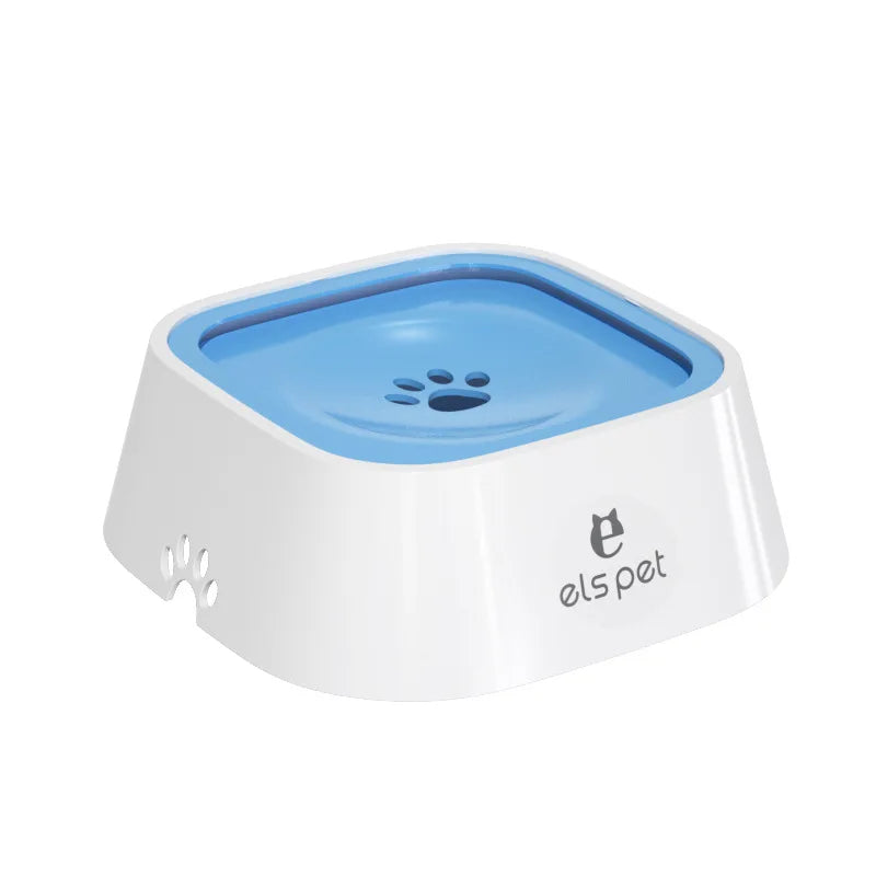 No-spill slow water feeder dog bowl, white with blue top insert and paw logo.